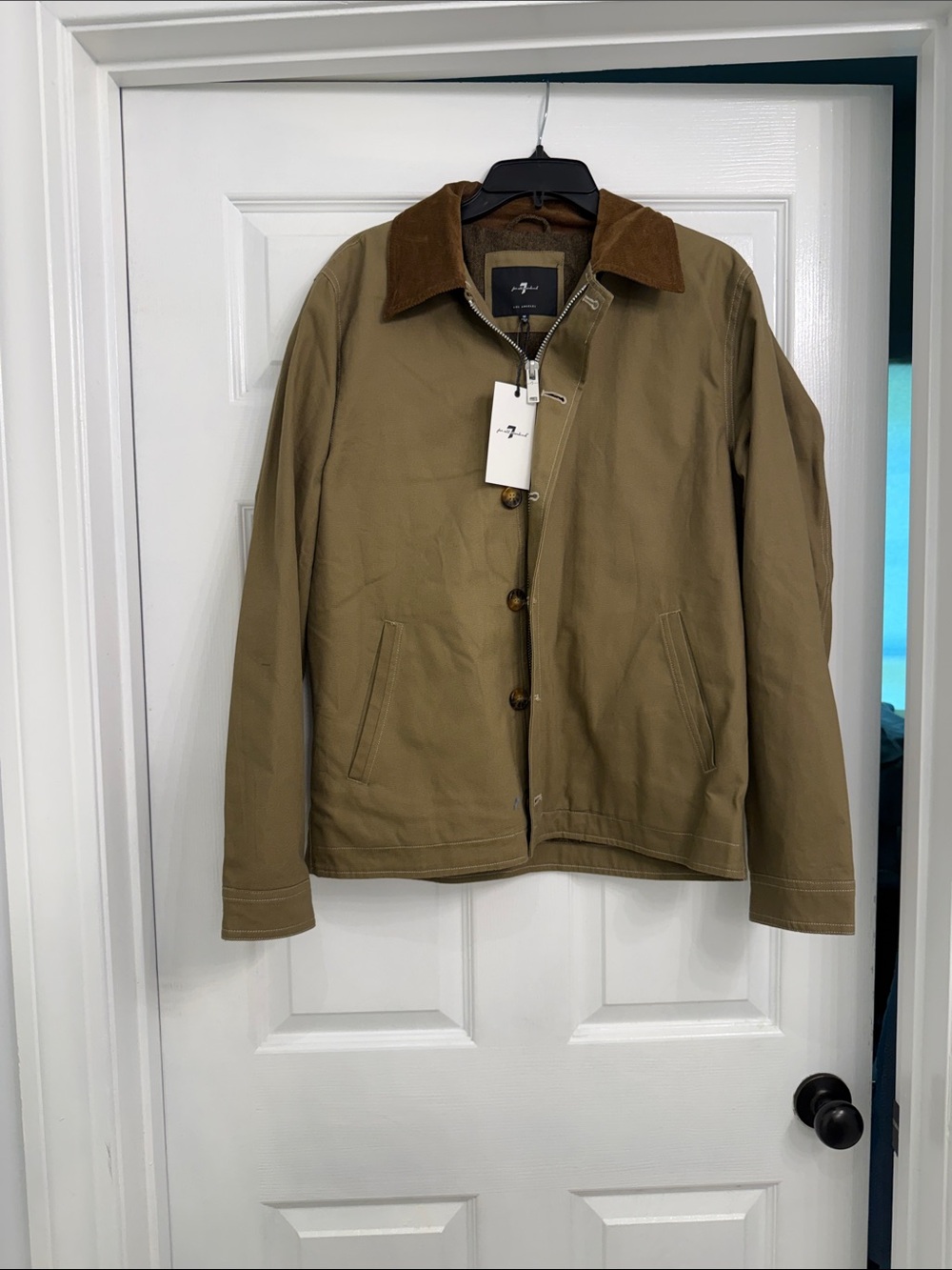 7 For All Mankind Khaki Jacket with Brown Corduroy Collar